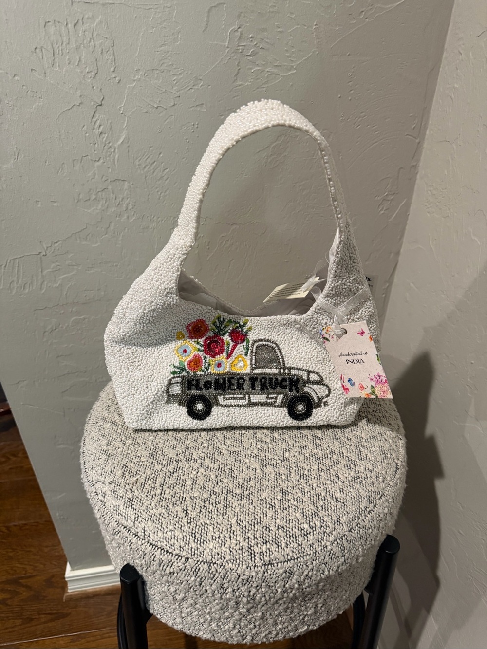 Handcrafted White Beaded Kids Shoulder Bag with Flower Truck Embroidery